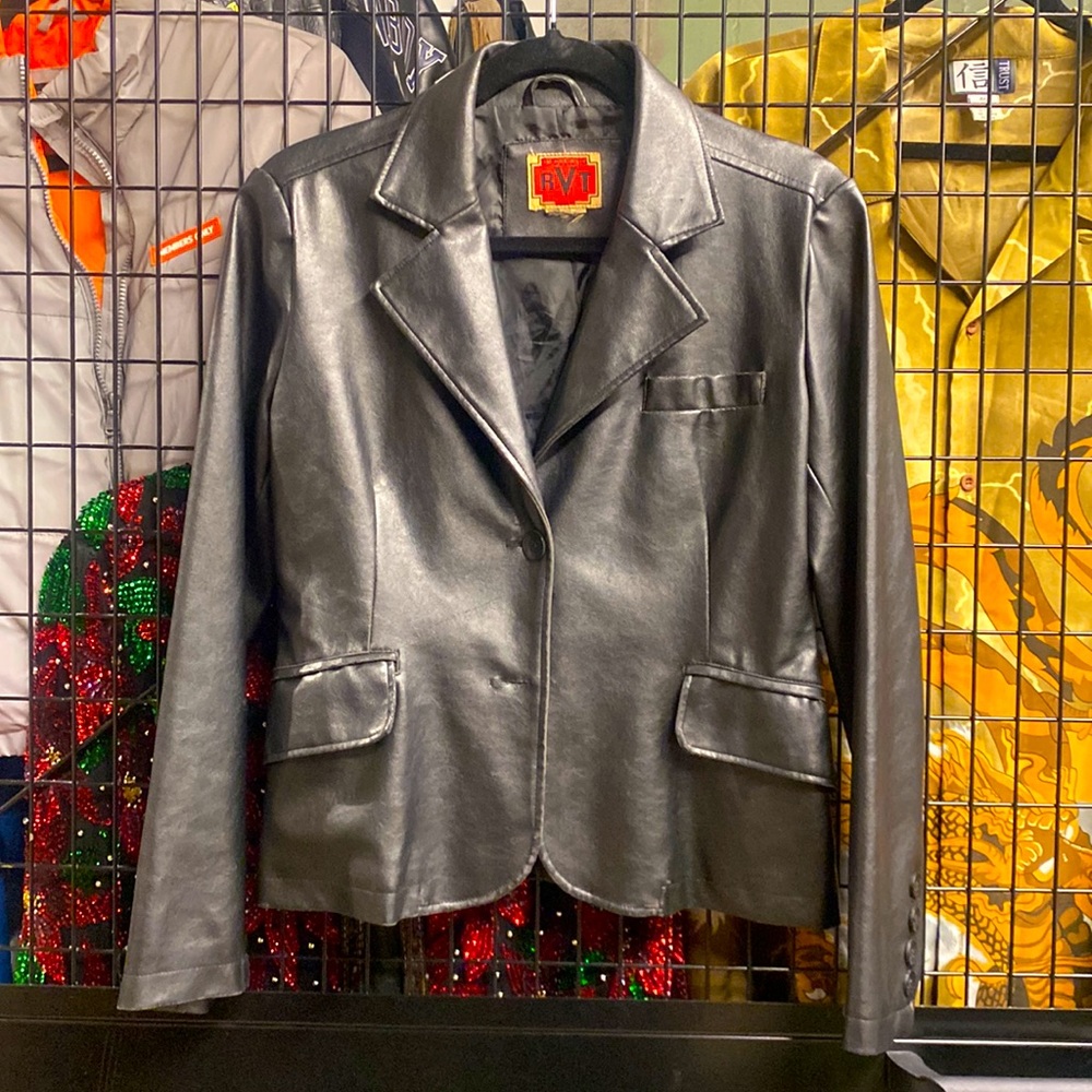 Vintage RVT Clothing Cropped Black Faux Leather Blazer Jacket